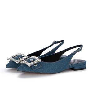 NWOT Bibi Lou Anthropologie Mia Denim Crystal Ballerina Slingbacks